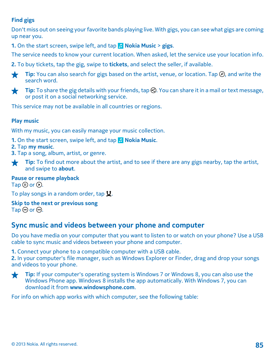 Find gigs, Play music, Sync music and videos between your | Phone and computer | Nokia Lumia 521 User Manual | Page 85 / 112