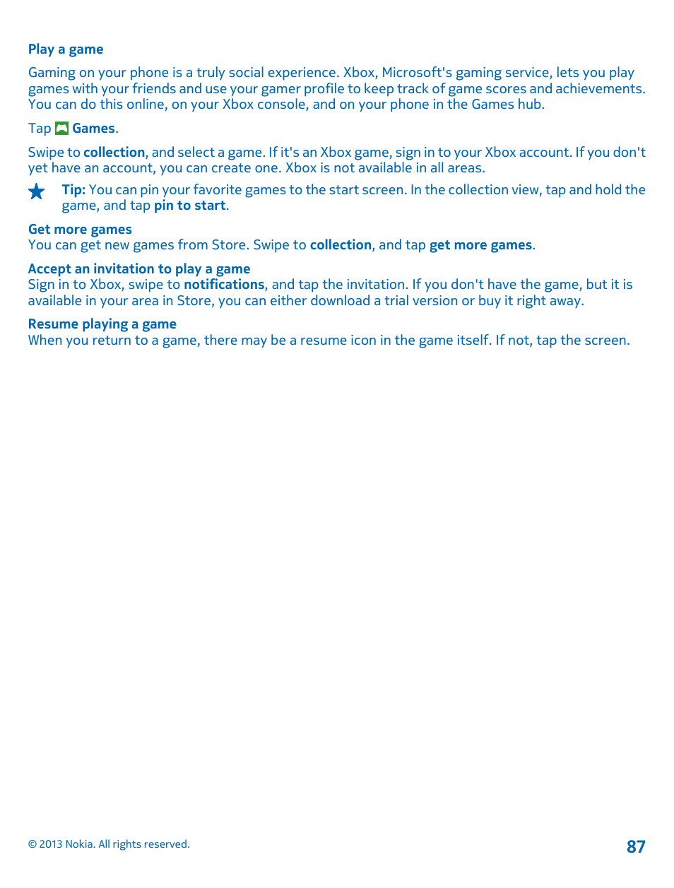 Play a game | Nokia Lumia 521 User Manual | Page 87 / 112