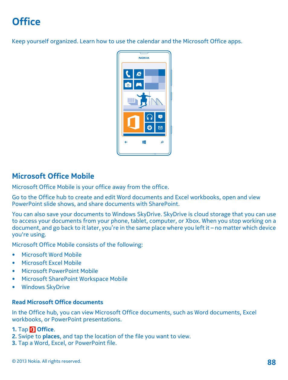 Office, Microsoft office mobile, Read microsoft office documents | Nokia Lumia 521 User Manual | Page 88 / 112