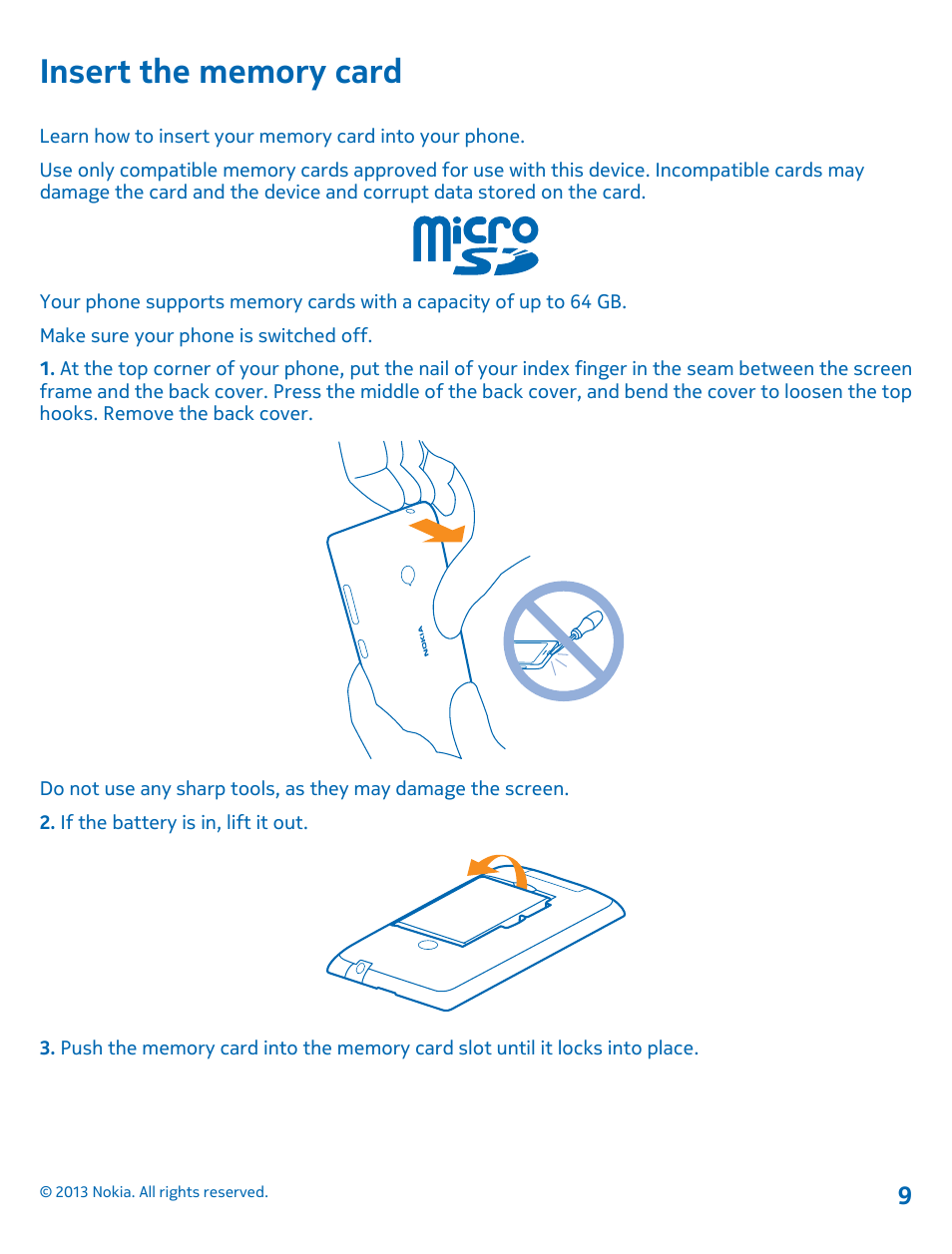 Insert the memory card | Nokia Lumia 521 User Manual | Page 9 / 112