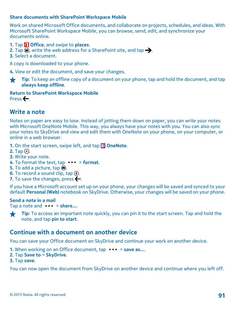Share documents with sharepoint workspace mobile, Write a note, Continue with a document on another device | Continue with a document on another, Device | Nokia Lumia 521 User Manual | Page 91 / 112