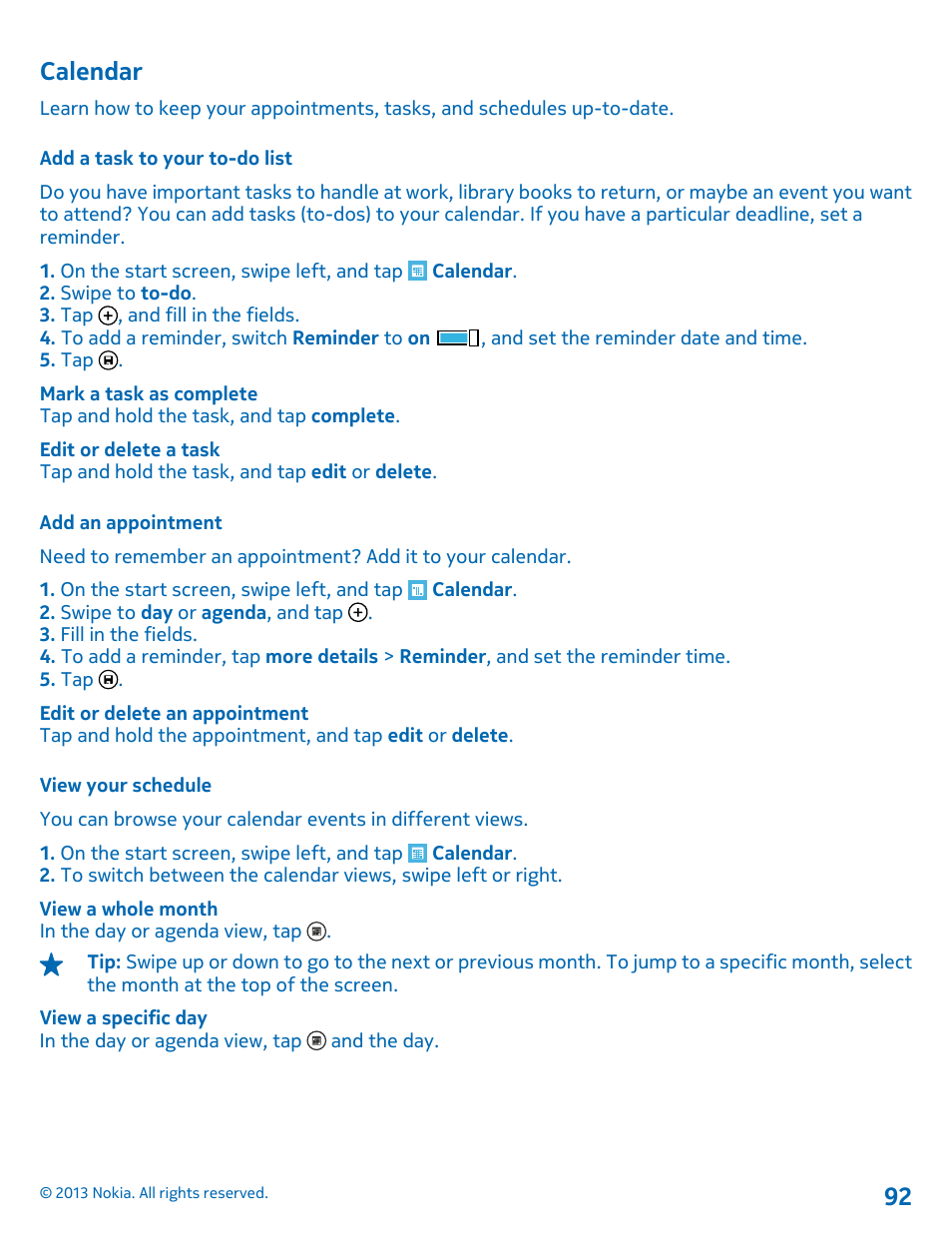 Calendar, Add a task to your to-do list, Add an appointment | View your schedule | Nokia Lumia 521 User Manual | Page 92 / 112