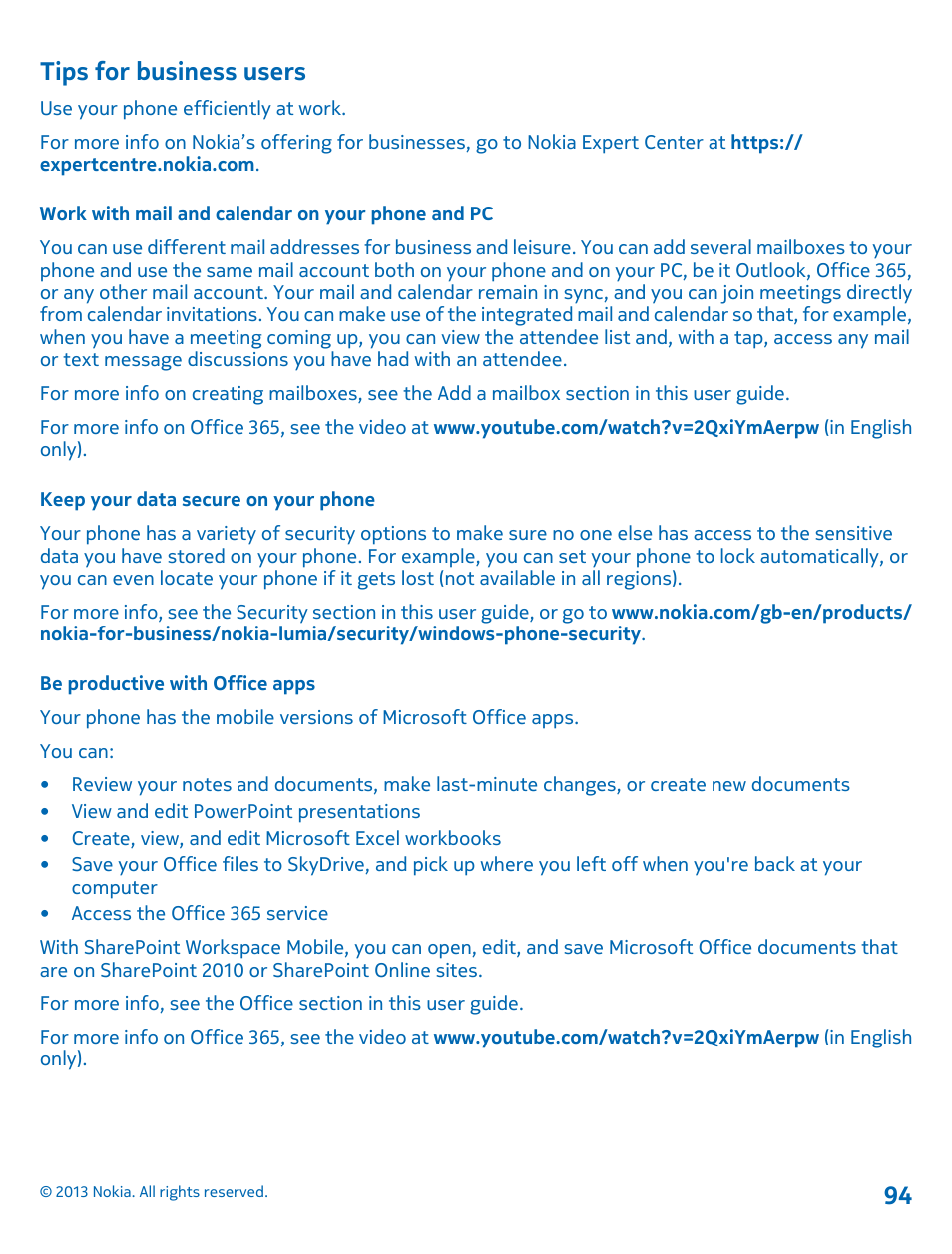 Tips for business users, Work with mail and calendar on your phone and pc, Keep your data secure on your phone | Be productive with office apps | Nokia Lumia 521 User Manual | Page 94 / 112