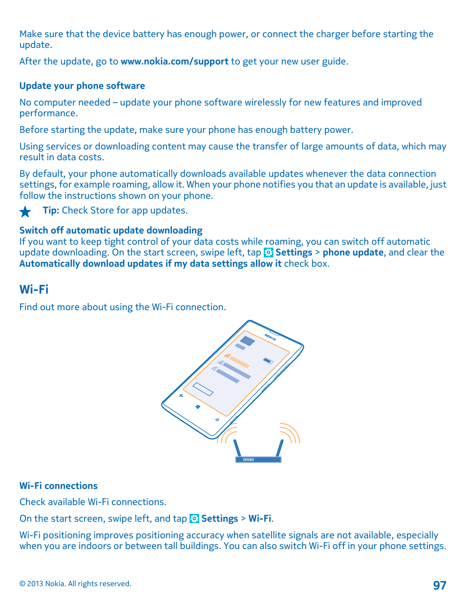 Update your phone software, Wi-fi, Wi-fi connections | Nokia Lumia 521 User Manual | Page 97 / 112