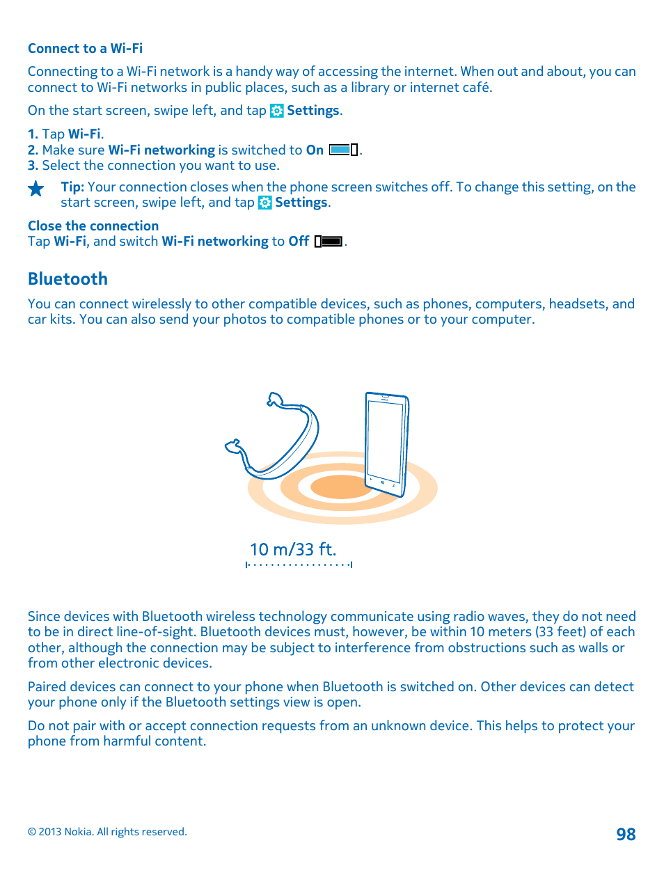 Connect to a wi-fi, Bluetooth | Nokia Lumia 521 User Manual | Page 98 / 112