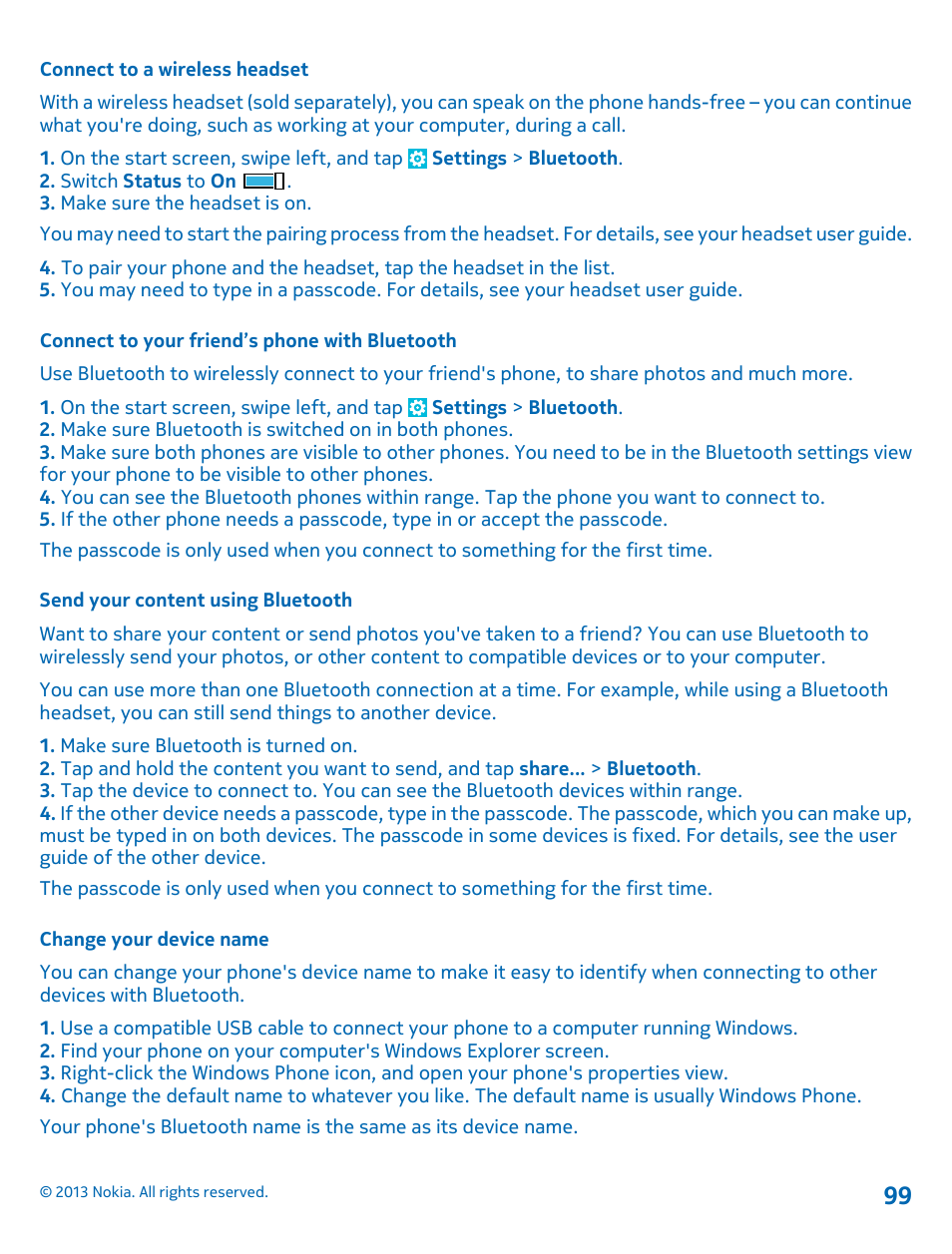 Connect to a wireless headset, Connect to your friend’s phone with bluetooth, Send your content using bluetooth | Change your device name | Nokia Lumia 521 User Manual | Page 99 / 112