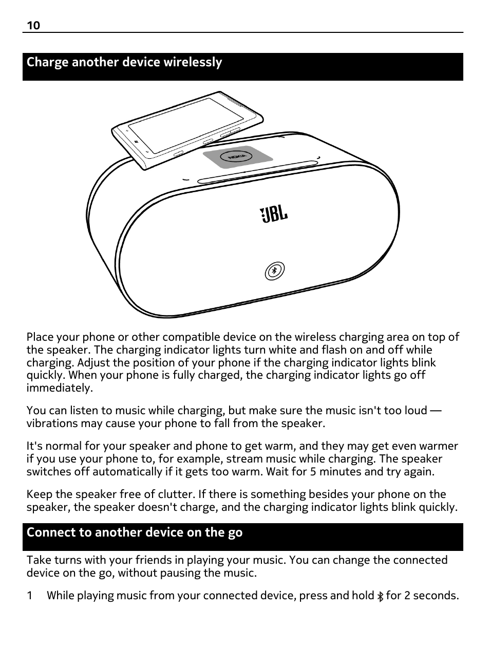 Charge another device wirelessly, Connect to another device on the go, Connect to another device on the | Nokia MD-100W User Manual | Page 10 / 13