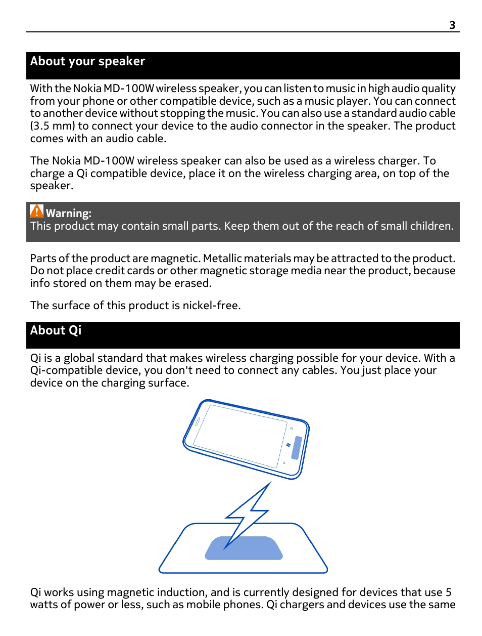 About your speaker, About qi | Nokia MD-100W User Manual | Page 3 / 13