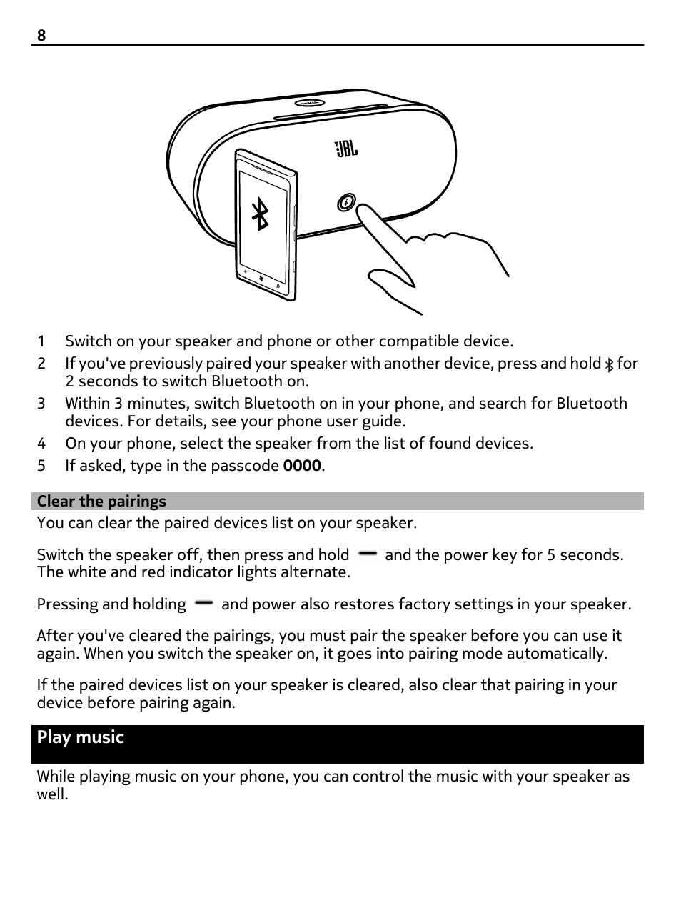 Clear the pairings, Play music | Nokia MD-100W User Manual | Page 8 / 13
