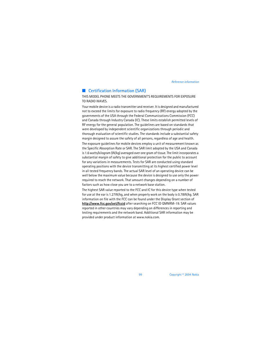 Certification information (sar) | Nokia 6255i User Manual | Page 100 / 233
