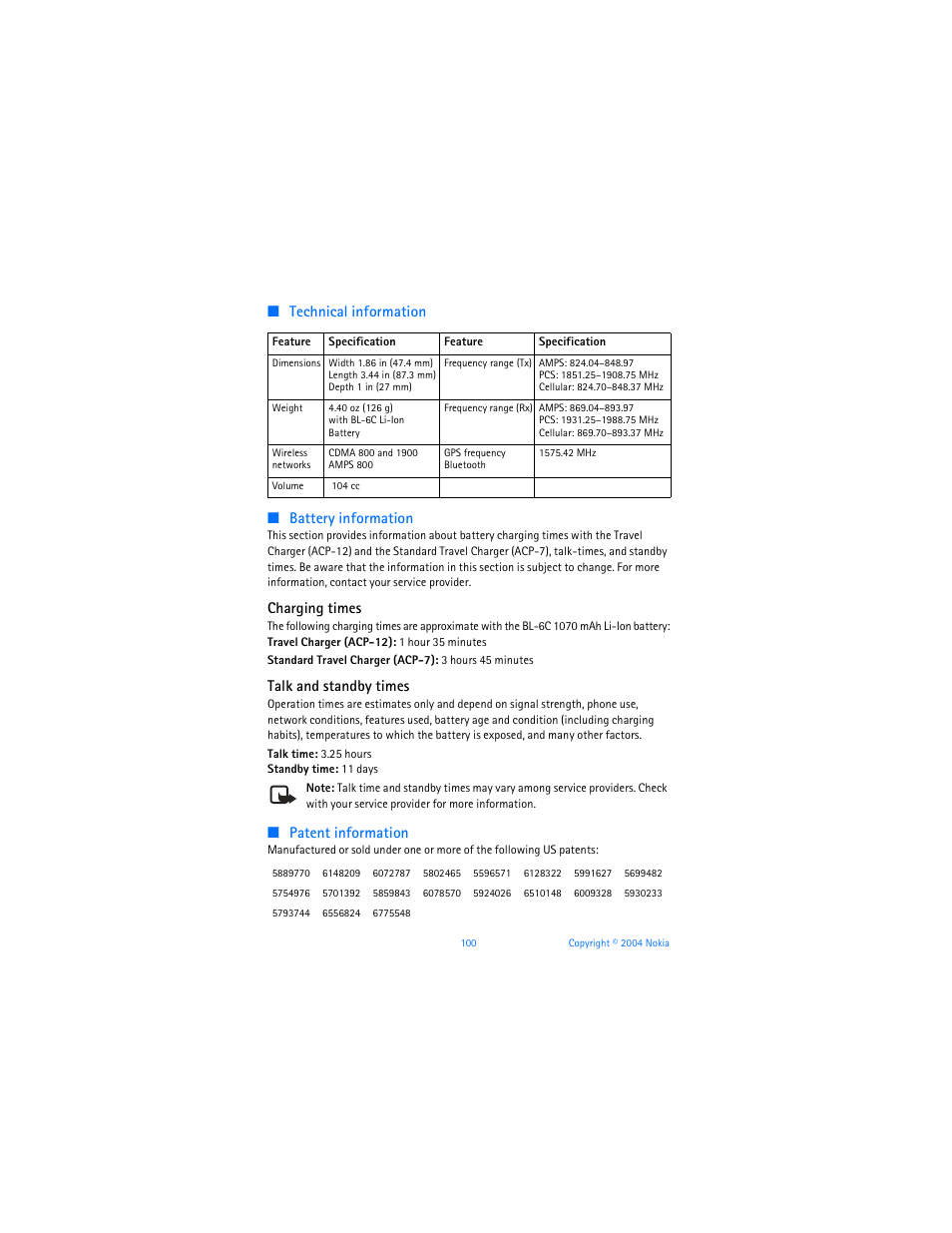 Technical information ■ battery information, Charging times, Talk and standby times | Patent information | Nokia 6255i User Manual | Page 101 / 233