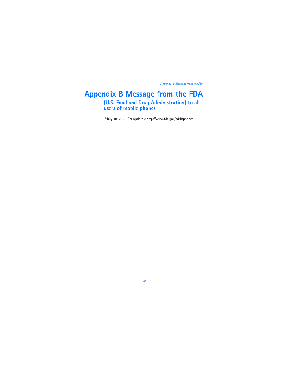 Appendix b message from the fda | Nokia 6255i User Manual | Page 110 / 233