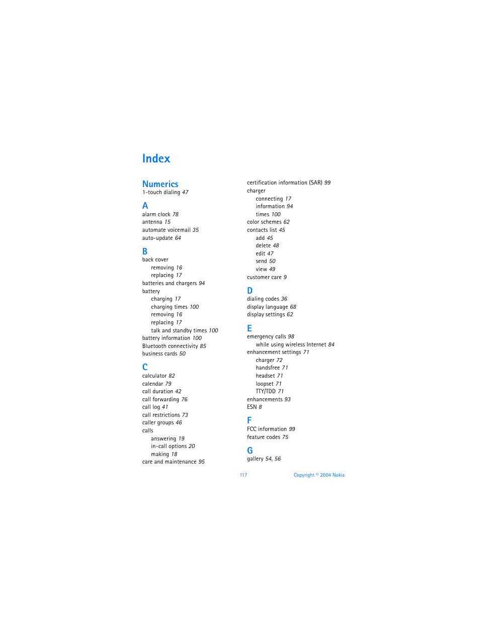 Index, Numerics | Nokia 6255i User Manual | Page 118 / 233