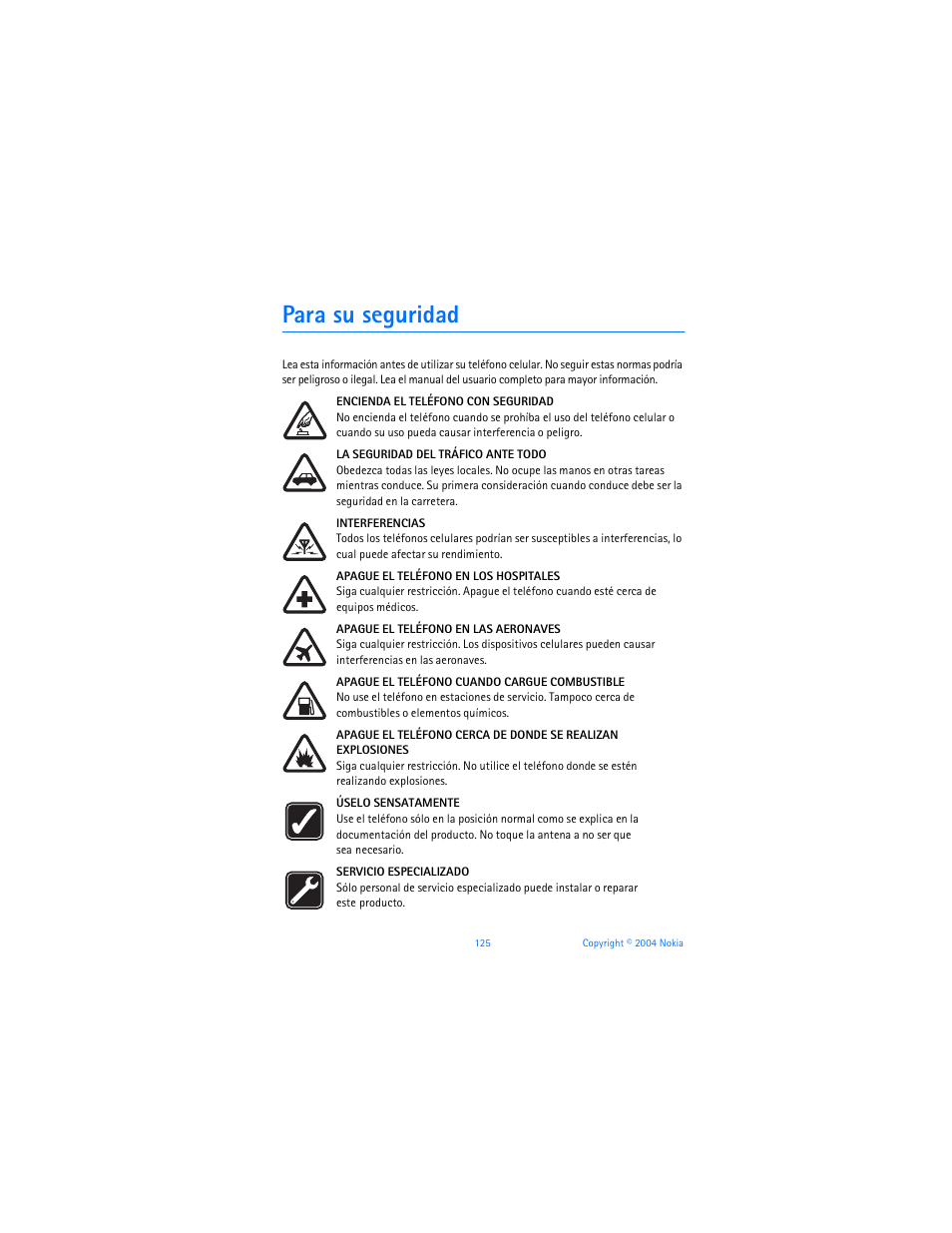 Para su seguridad | Nokia 6255i User Manual | Page 126 / 233
