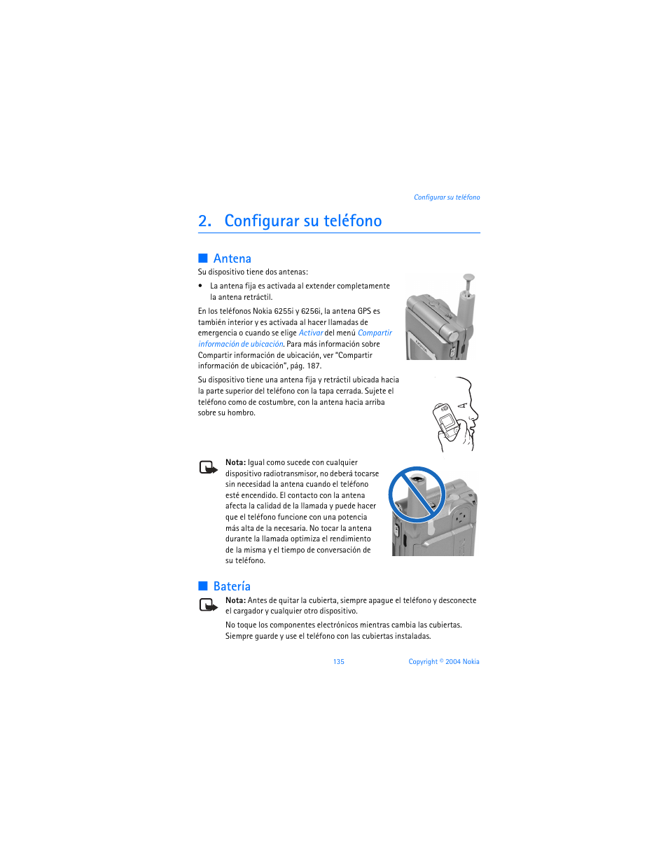 Configurar su teléfono, Antena, Batería | Nokia 6255i User Manual | Page 136 / 233