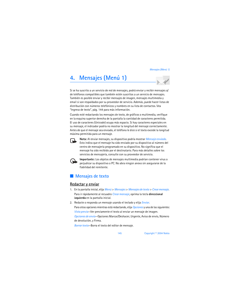 Mensajes (menú 1), Mensajes de texto”, pág. 145, Mensajes de texto | Redactar y enviar | Nokia 6255i User Manual | Page 146 / 233