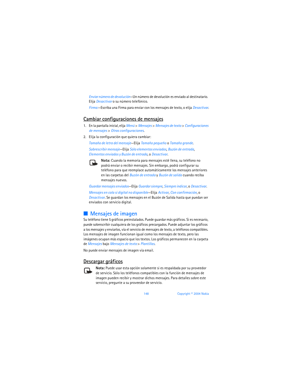 Mensajes de imagen, Cambiar configuraciones de mensajes, Descargar gráficos | Nokia 6255i User Manual | Page 149 / 233