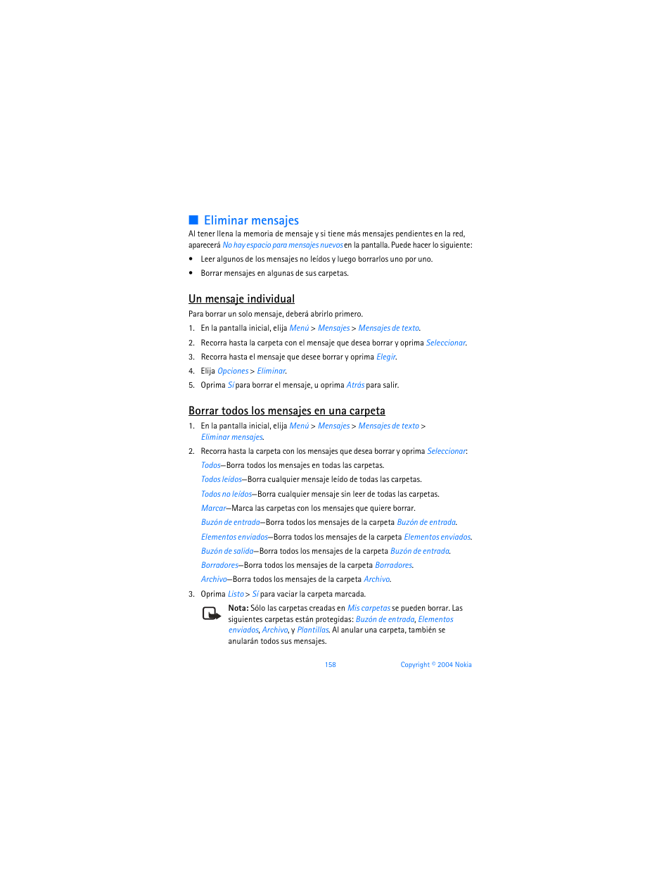 Eliminar mensajes, Un mensaje individual, Borrar todos los mensajes en una carpeta | Nokia 6255i User Manual | Page 159 / 233