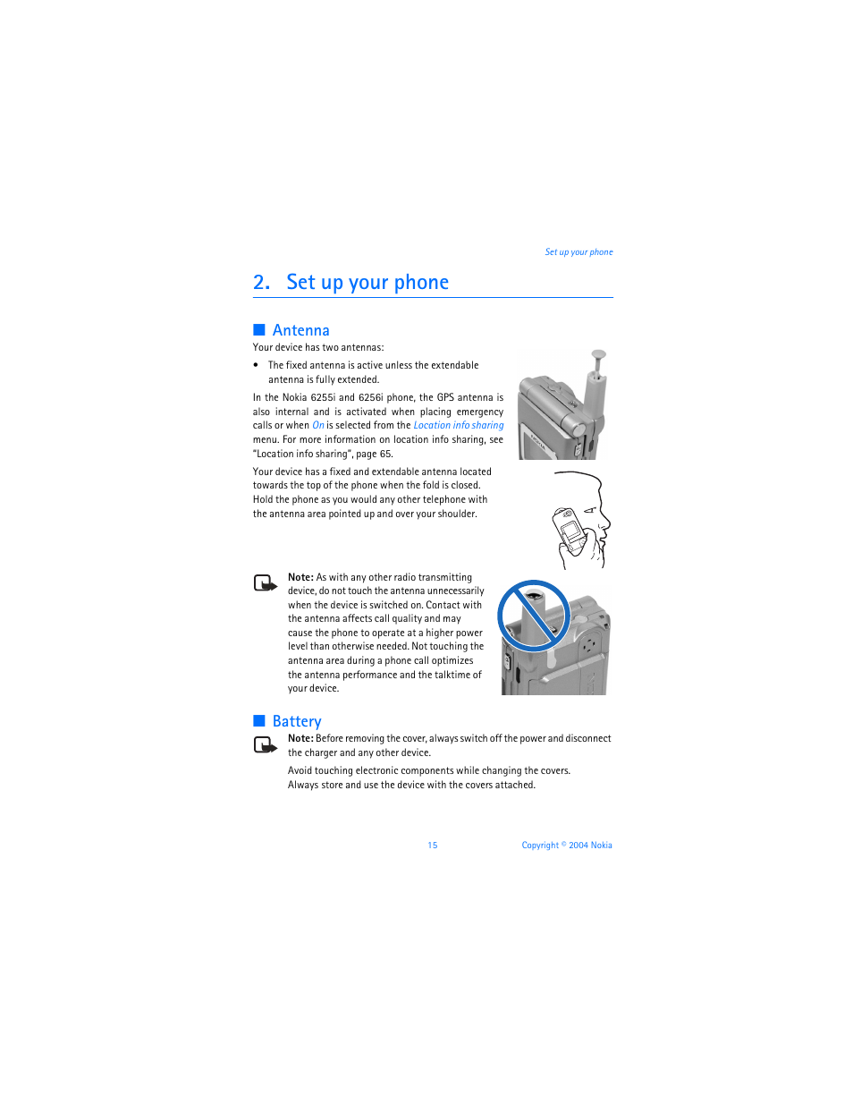 Set up your phone, Antenna, Battery | Nokia 6255i User Manual | Page 16 / 233