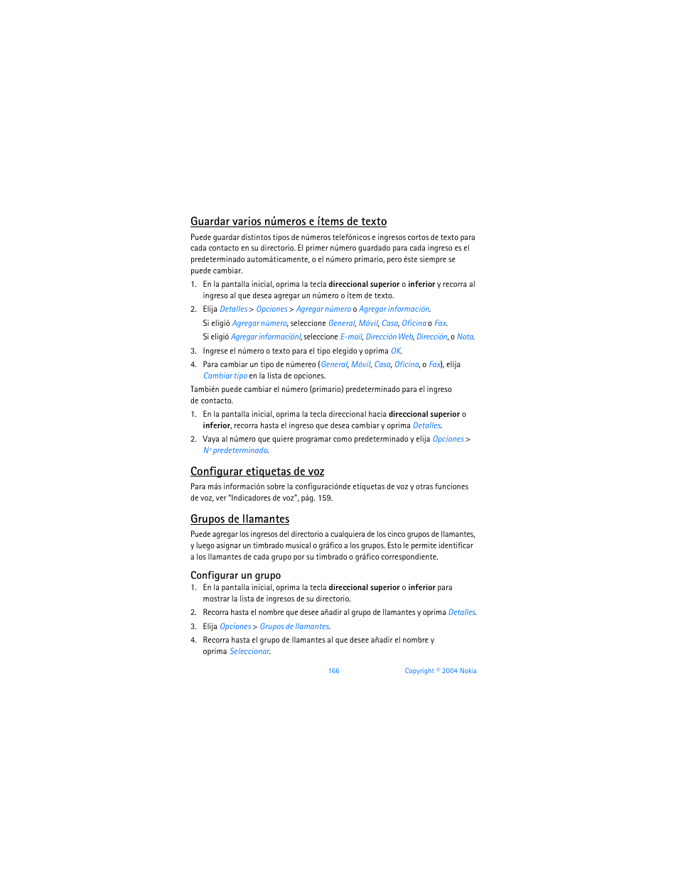 Guardar varios números e ítems de texto, Configurar etiquetas de voz, Grupos de llamantes | Nokia 6255i User Manual | Page 167 / 233