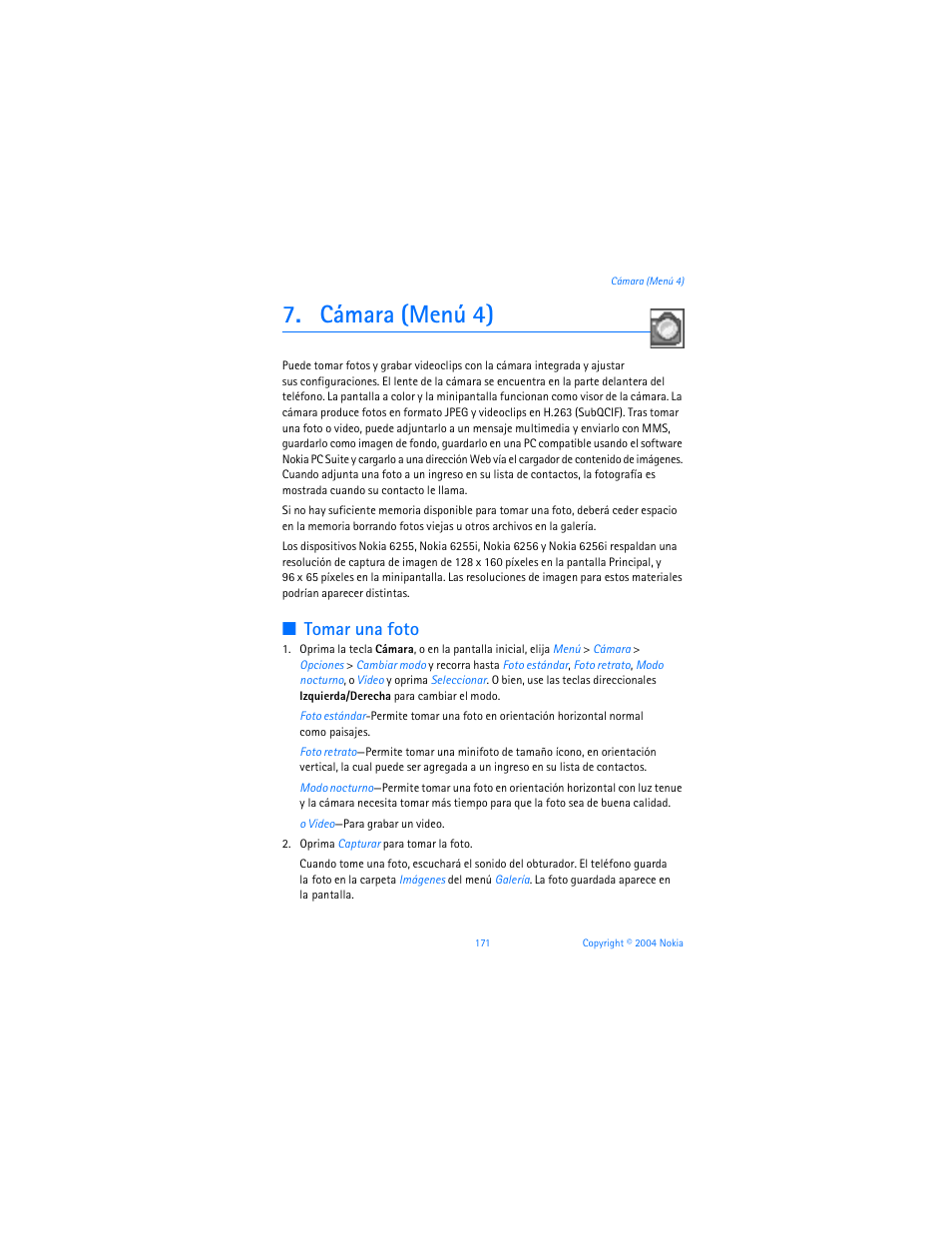 Cámara (menú 4), Tomar una foto | Nokia 6255i User Manual | Page 172 / 233