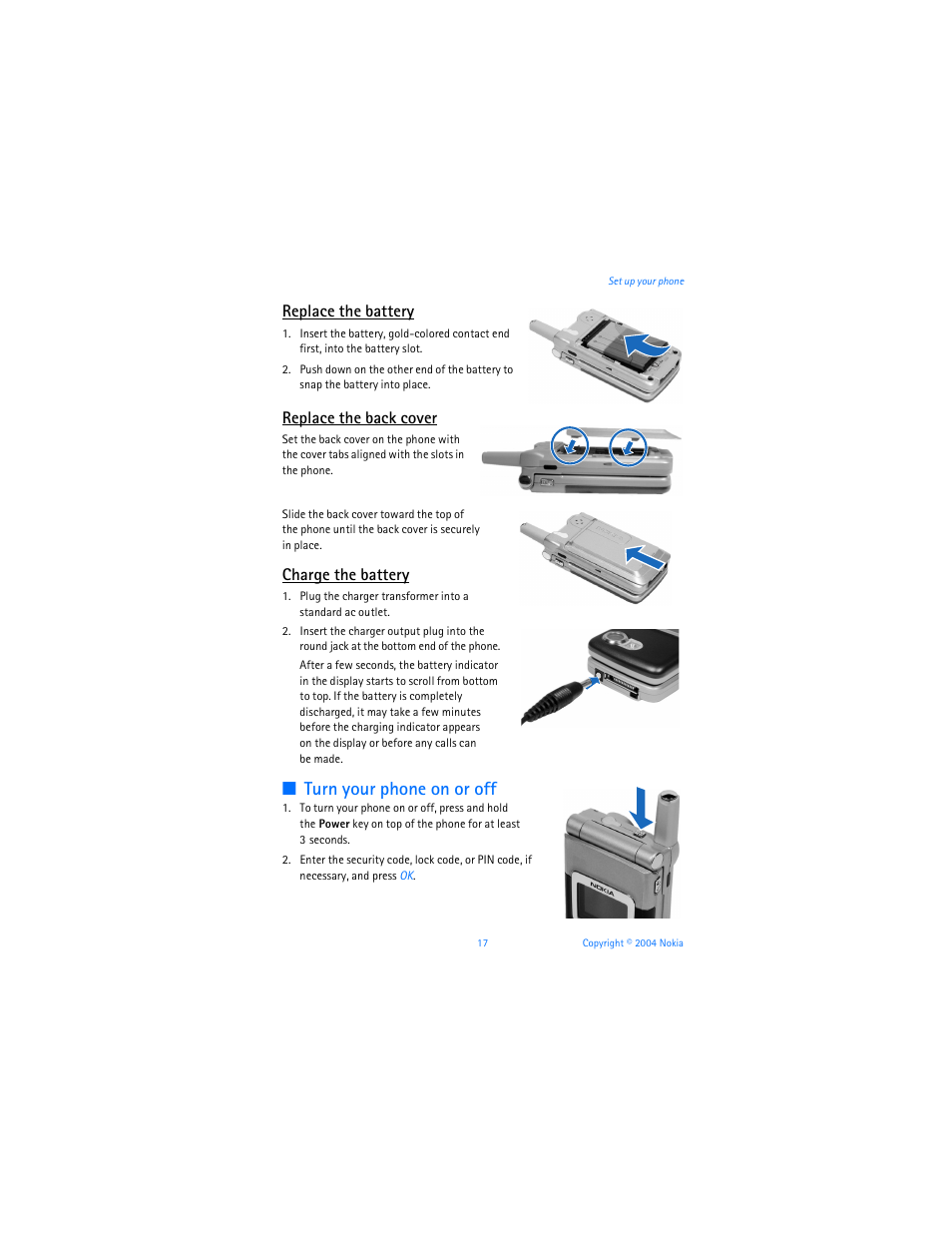Turn your phone on or off, Replace the battery, Replace the back cover | Charge the battery | Nokia 6255i User Manual | Page 18 / 233