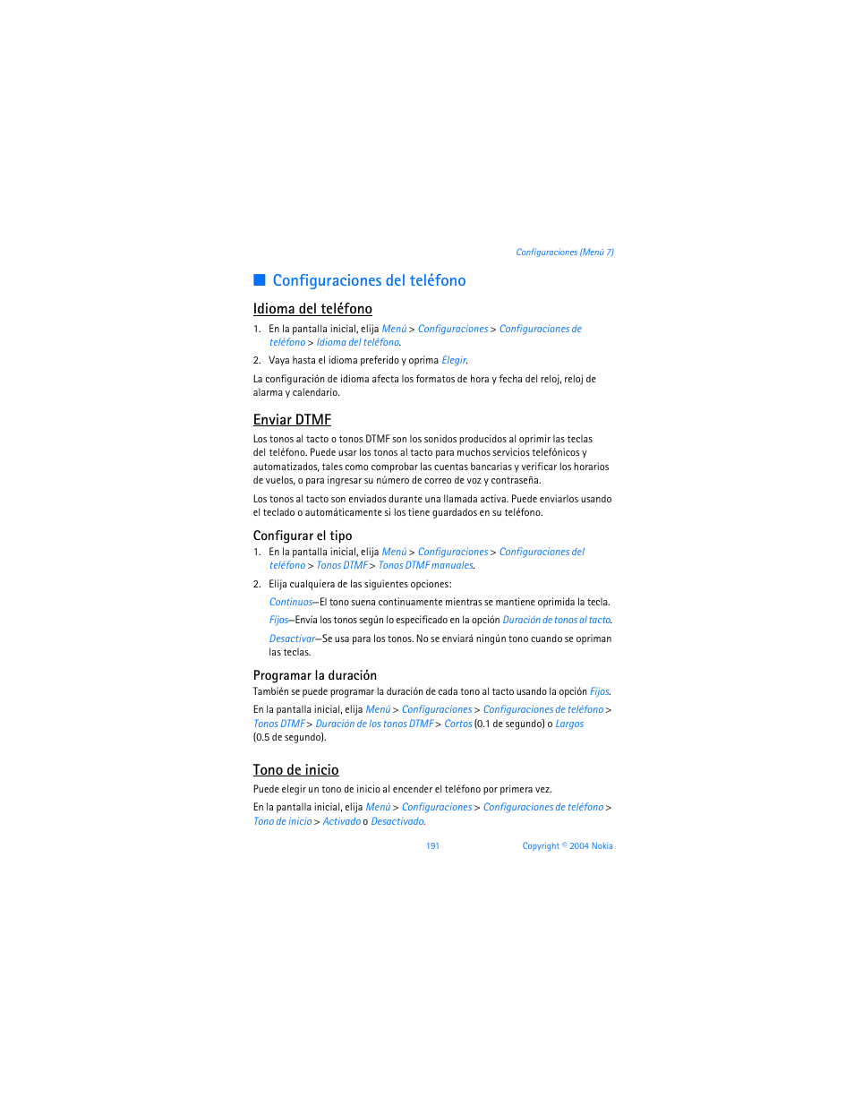 Configuraciones del teléfono, Idioma del teléfono, Enviar dtmf | Tono de inicio | Nokia 6255i User Manual | Page 192 / 233