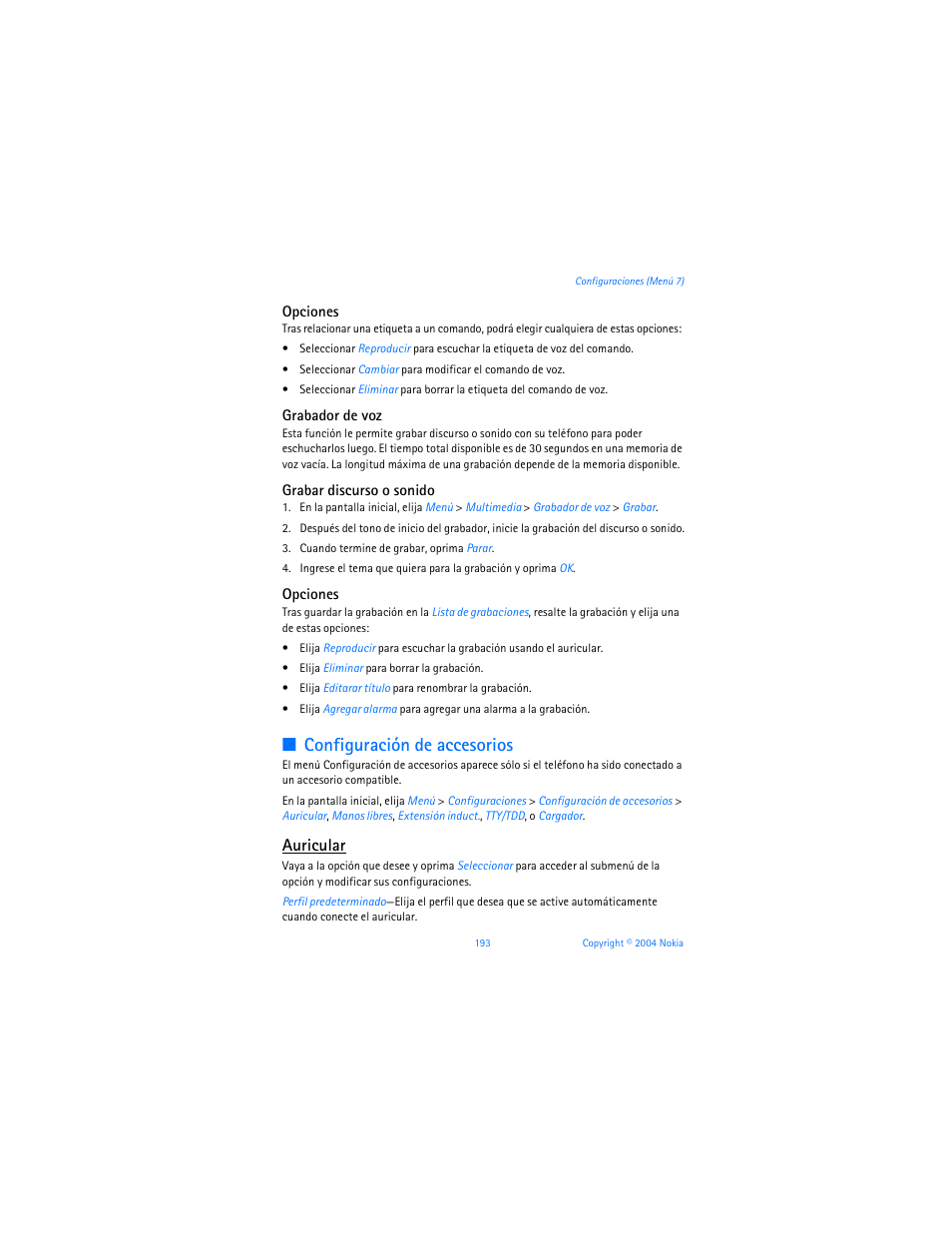 Configuración de accesorios, Auricular | Nokia 6255i User Manual | Page 194 / 233