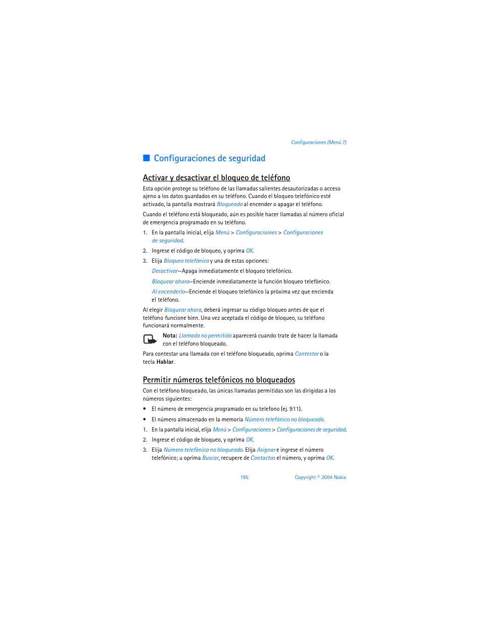 A “configuraciones de, Seguridad”, pág. 195 pa, Configuraciones de seguridad | Activar y desactivar el bloqueo de teléfono, Permitir números telefónicos no bloqueados | Nokia 6255i User Manual | Page 196 / 233