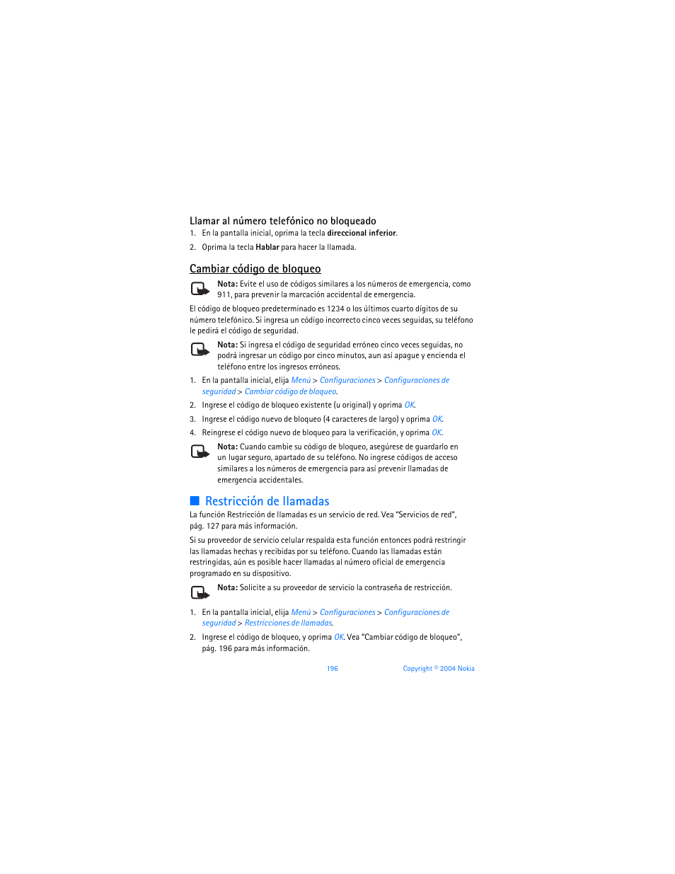 Restricción de llamadas, Cambiar código de bloqueo | Nokia 6255i User Manual | Page 197 / 233
