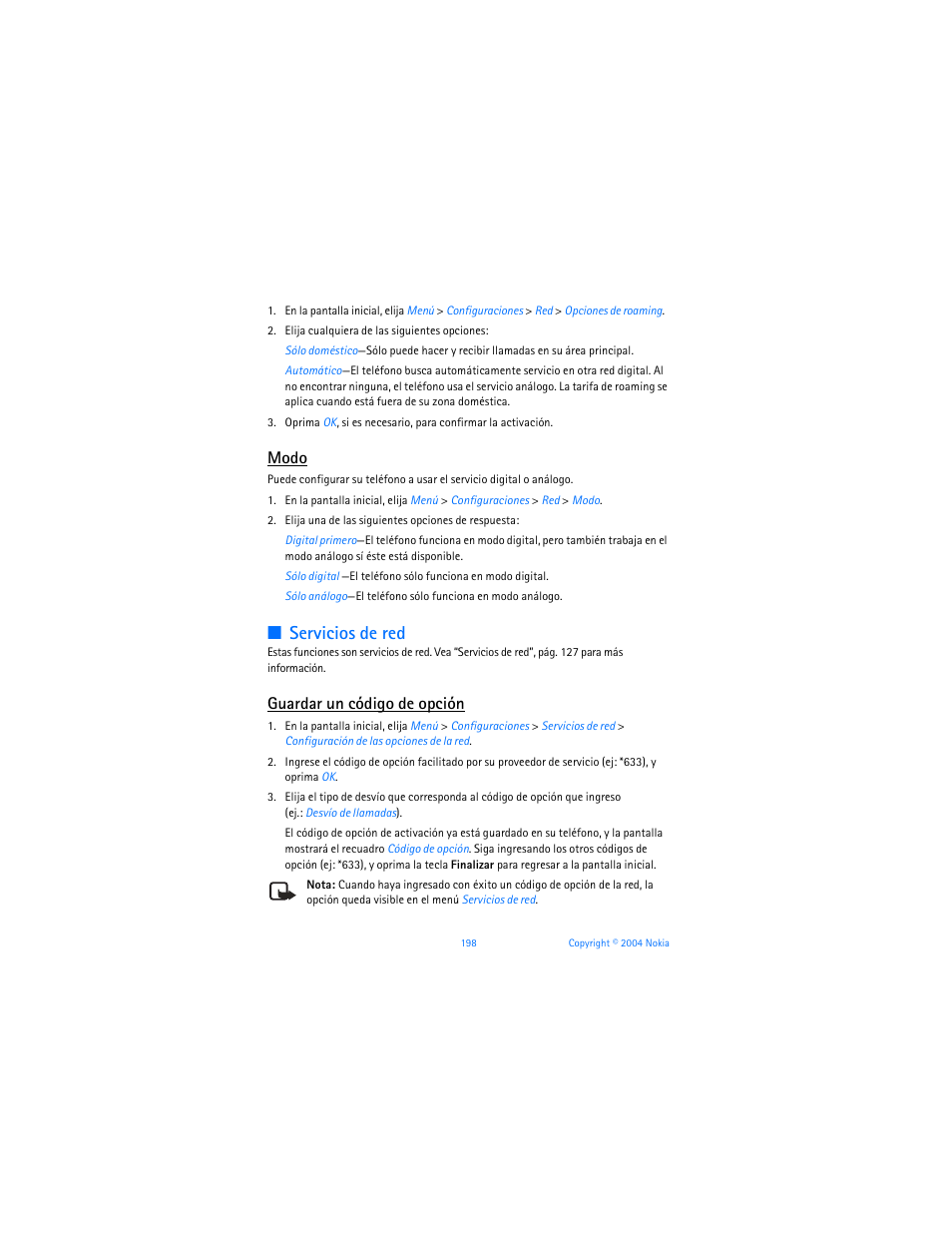 Servicios de red, Modo, Guardar un código de opción | Nokia 6255i User Manual | Page 199 / 233