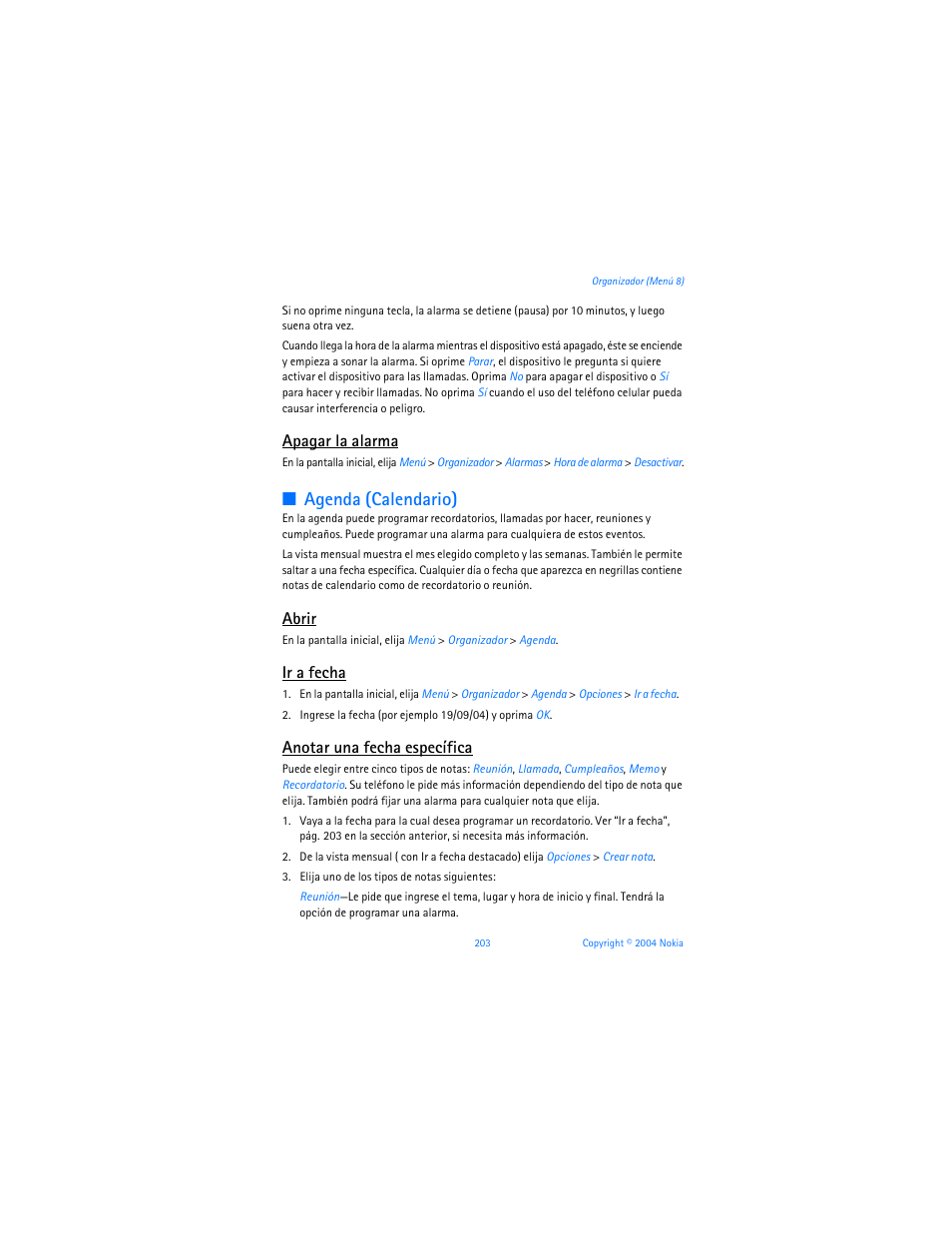 Agenda (calendario), Apagar la alarma, Abrir | Ir a fecha, Anotar una fecha específica | Nokia 6255i User Manual | Page 204 / 233