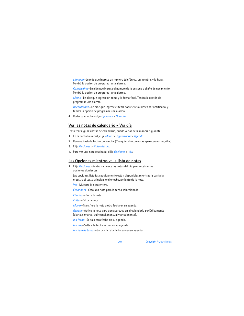 Ver las notas de calendario - ver día, Las opciones mientras ve la lista de notas | Nokia 6255i User Manual | Page 205 / 233