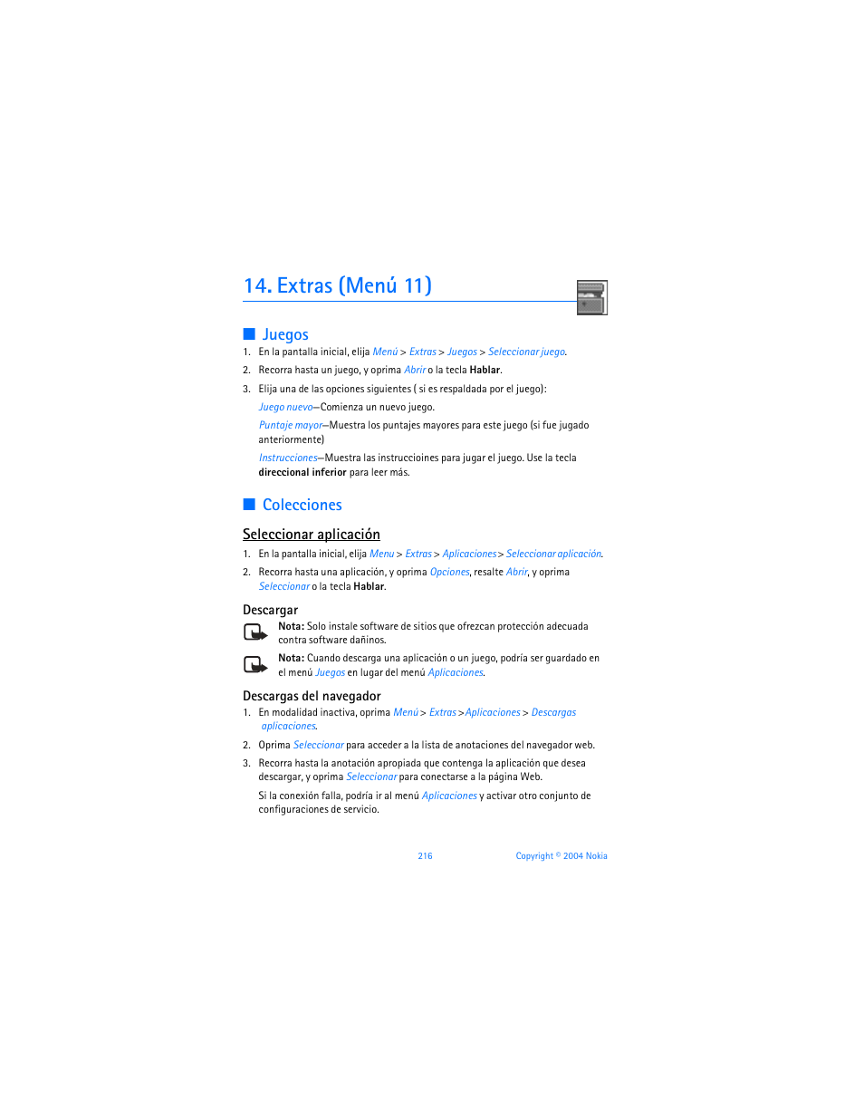 Extras (menú 11), 14 extras (menú 11), Juegos | Colecciones, Seleccionar aplicación | Nokia 6255i User Manual | Page 217 / 233