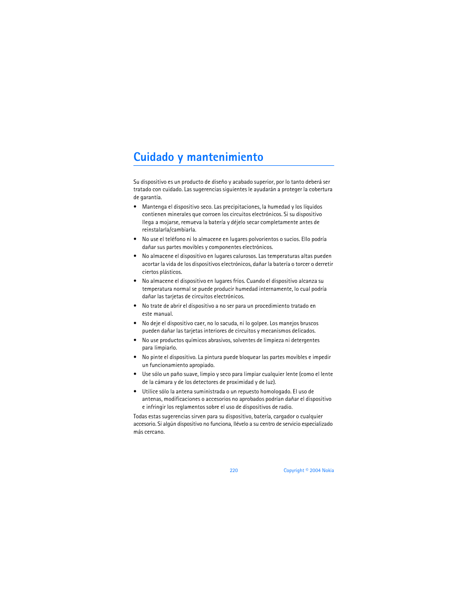 Cuidado y mantenimiento | Nokia 6255i User Manual | Page 221 / 233