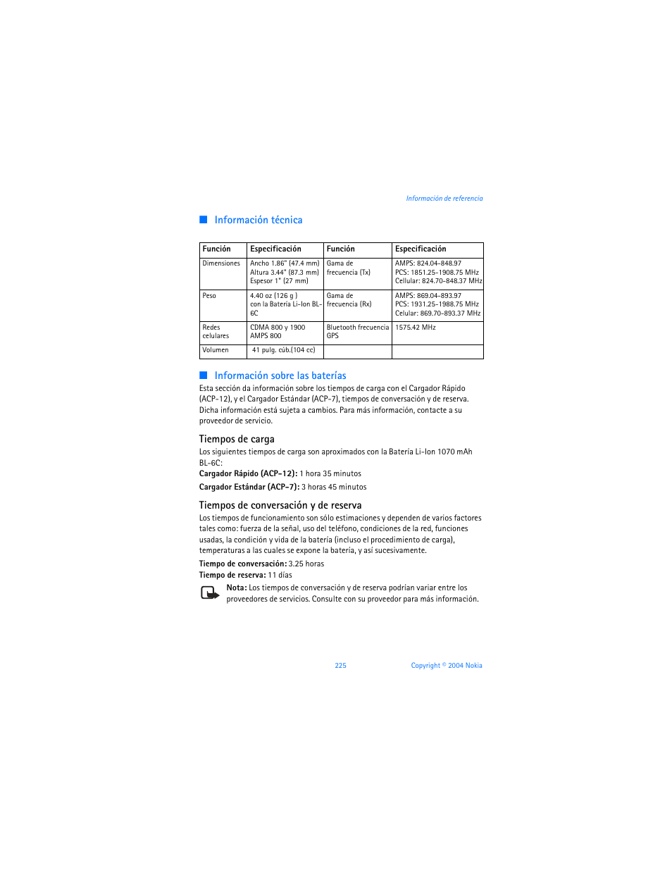 Tiempos de carga, Tiempos de conversación y de reserva | Nokia 6255i User Manual | Page 226 / 233