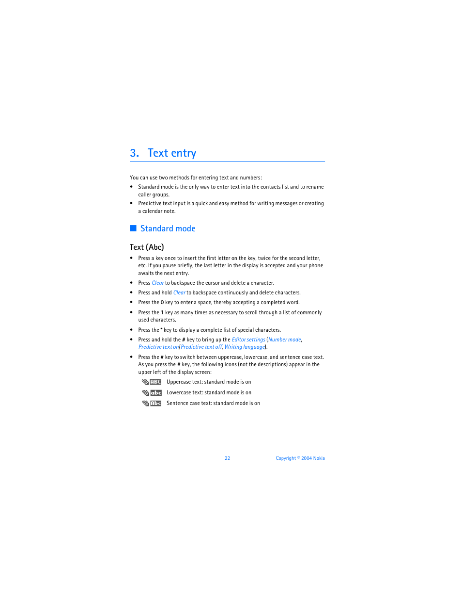 Text entry, Standard mode, Text (abc) | Nokia 6255i User Manual | Page 23 / 233