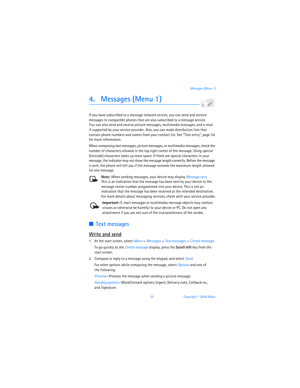 Messages (menu 1), Text messages, Write and send | Nokia 6255i User Manual | Page 26 / 233