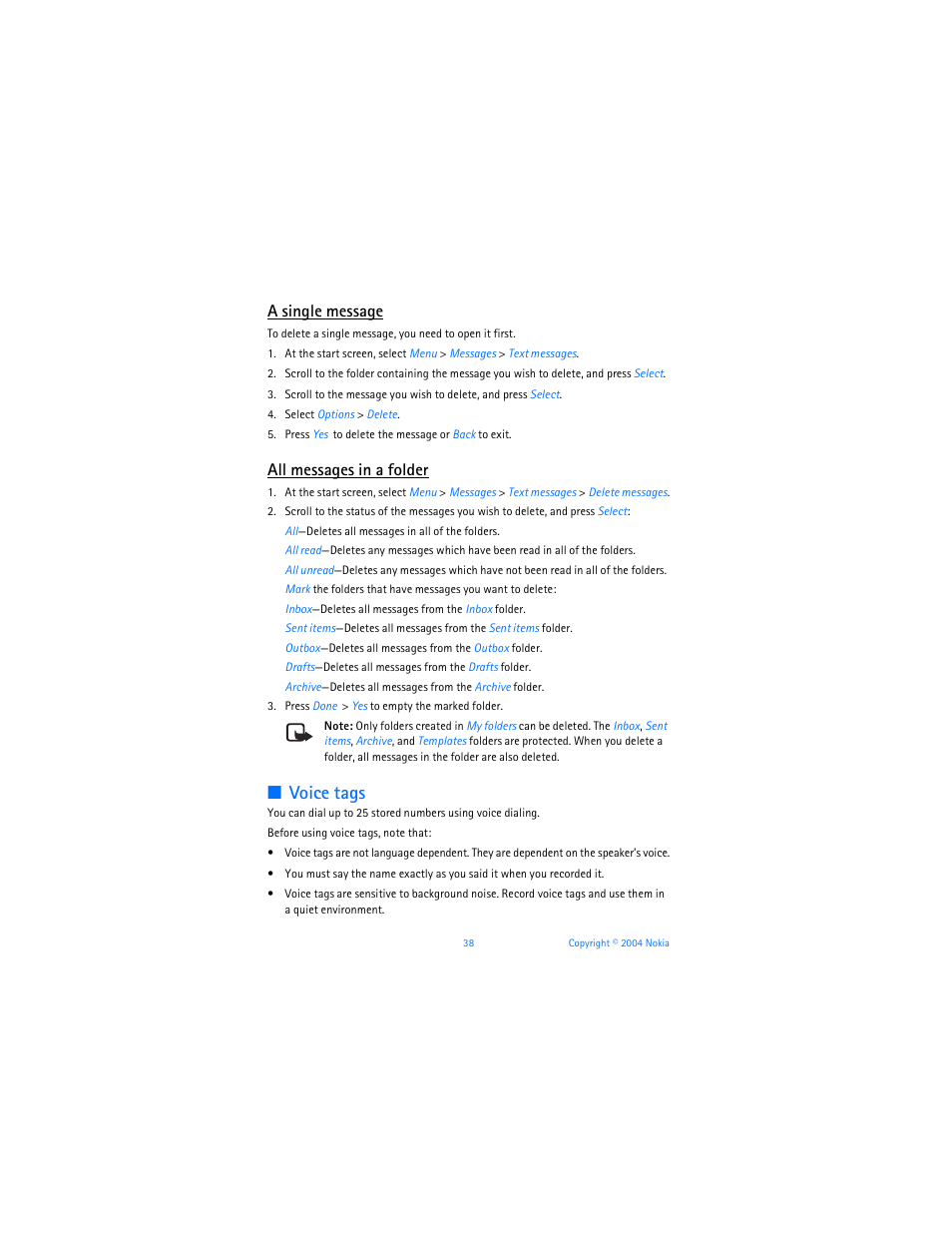 Voice tags, A single message, All messages in a folder | Nokia 6255i User Manual | Page 39 / 233