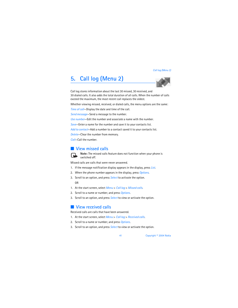 Call log (menu 2), View missed calls, View received calls | Nokia 6255i User Manual | Page 42 / 233