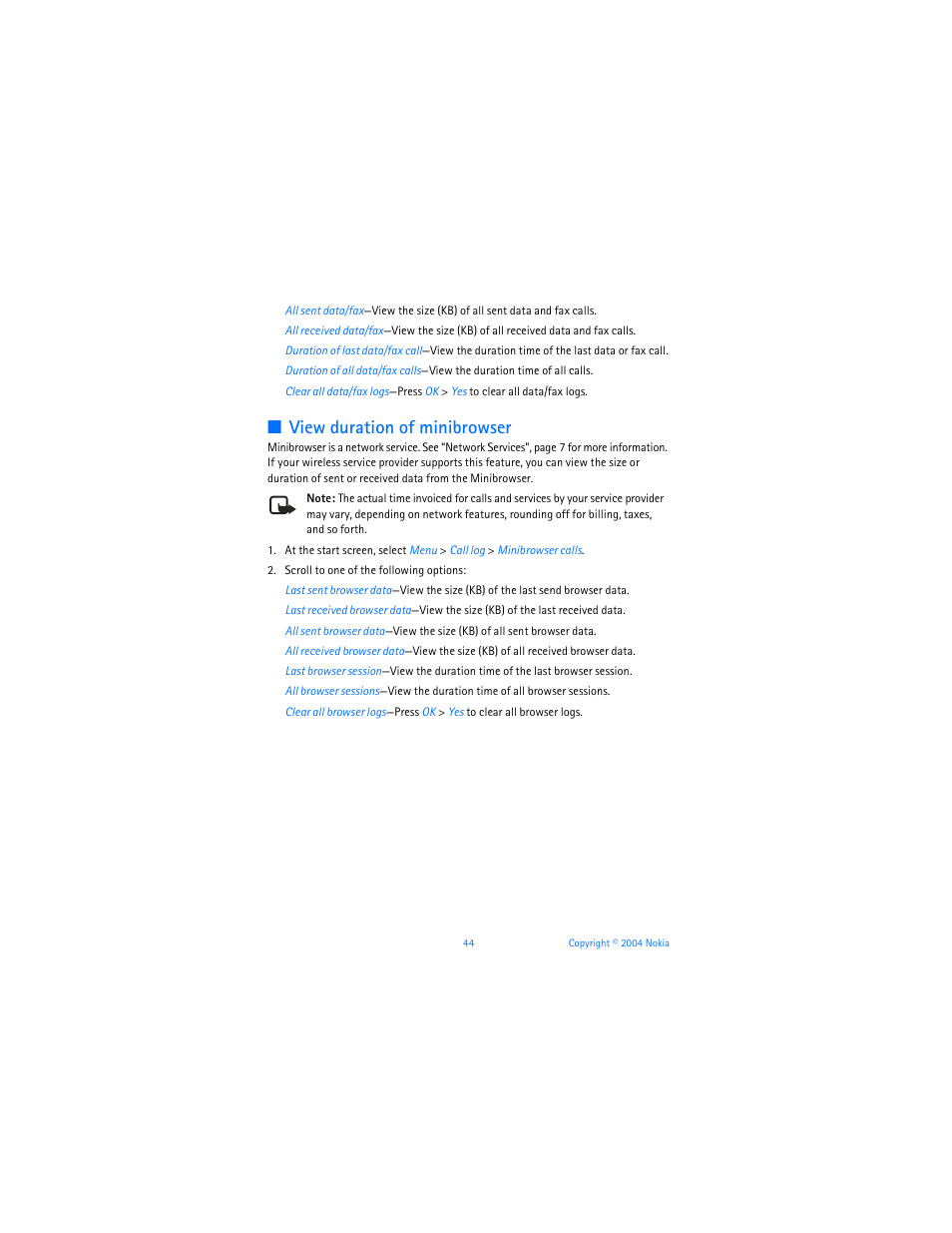 View duration of minibrowser | Nokia 6255i User Manual | Page 45 / 233