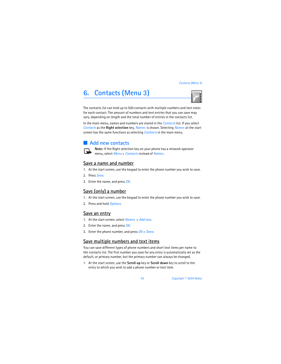Contacts (menu 3), Add new contacts, Save a name and number | Save (only) a number, Save an entry, Save multiple numbers and text items | Nokia 6255i User Manual | Page 46 / 233