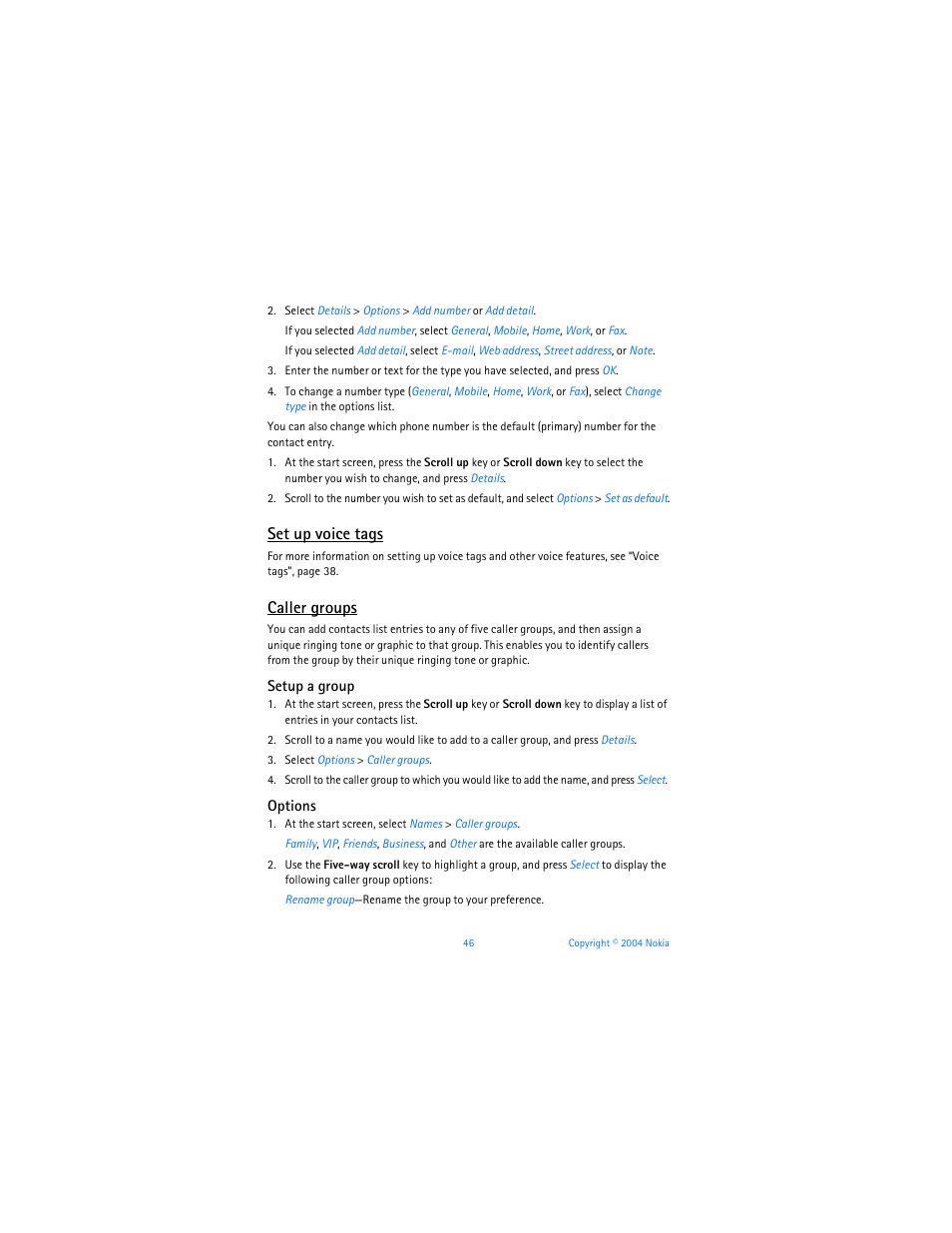 Set up voice tags, Caller groups | Nokia 6255i User Manual | Page 47 / 233