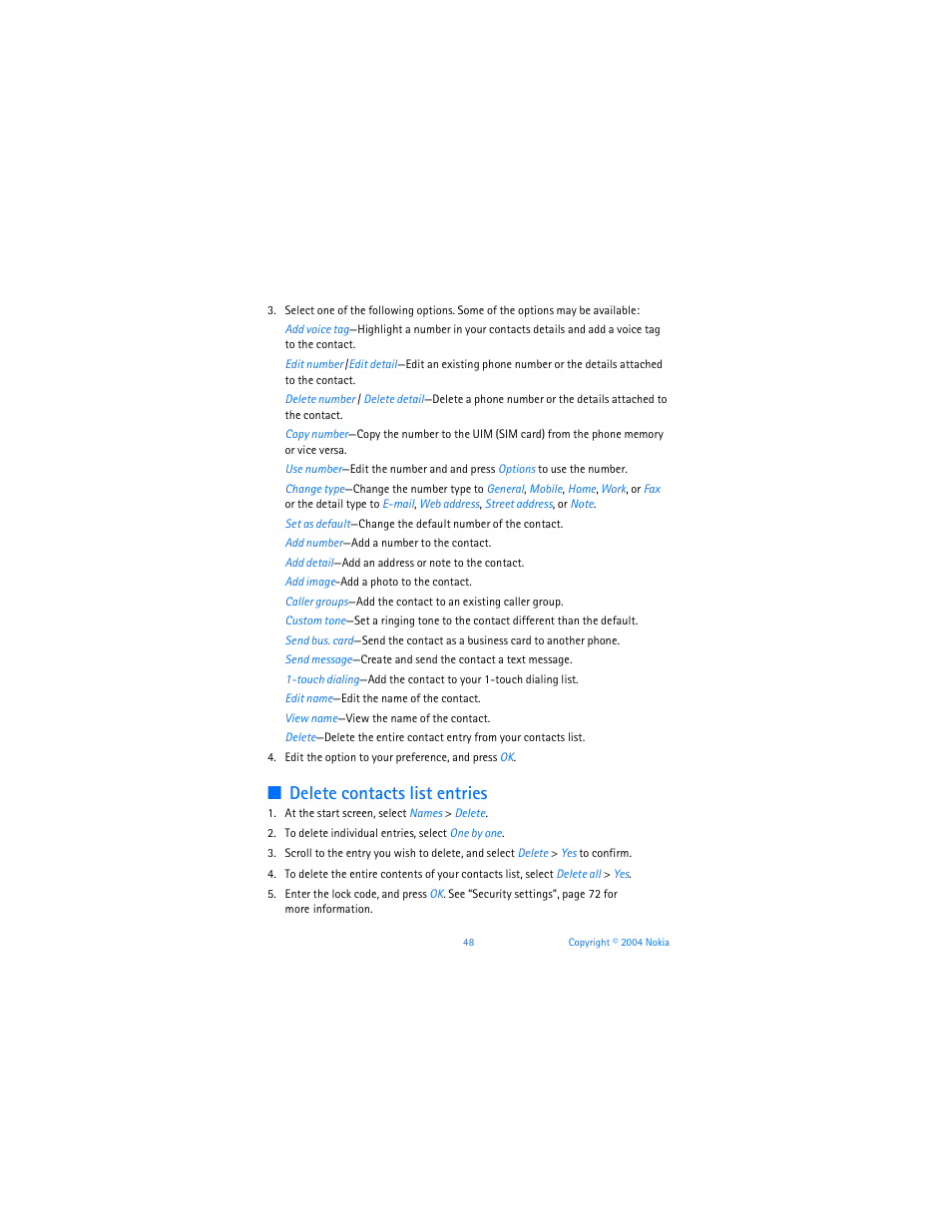 Delete contacts list entries | Nokia 6255i User Manual | Page 49 / 233
