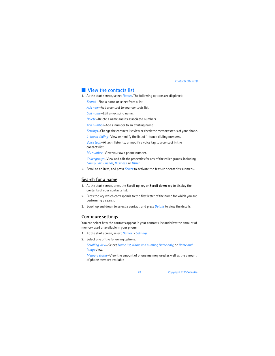 View the contacts list, Search for a name, Configure settings | Nokia 6255i User Manual | Page 50 / 233