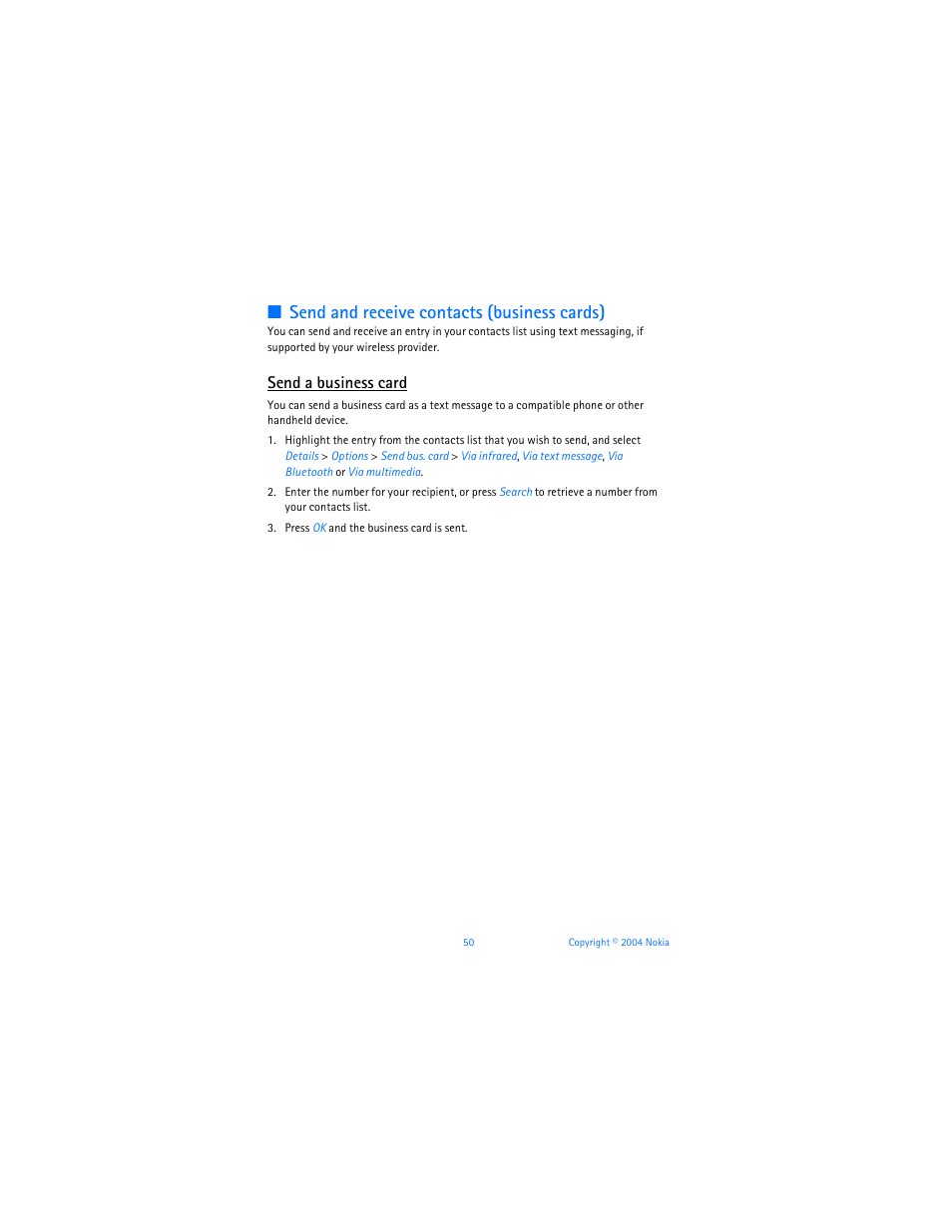 Send and receive contacts (business cards), Send a business card | Nokia 6255i User Manual | Page 51 / 233