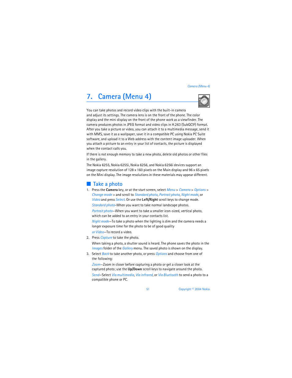 Camera (menu 4), Take a photo | Nokia 6255i User Manual | Page 52 / 233