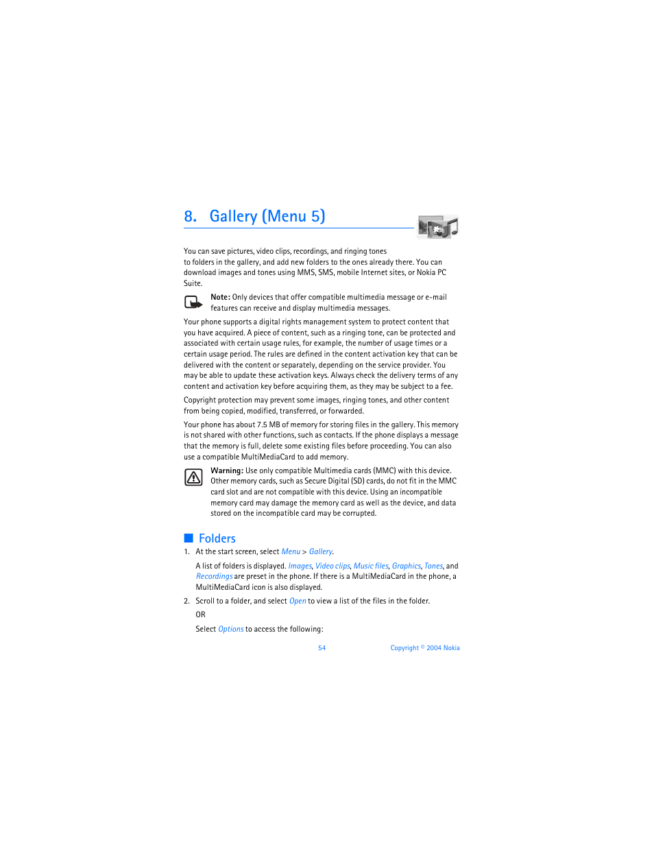 Gallery (menu 5), Folders | Nokia 6255i User Manual | Page 55 / 233