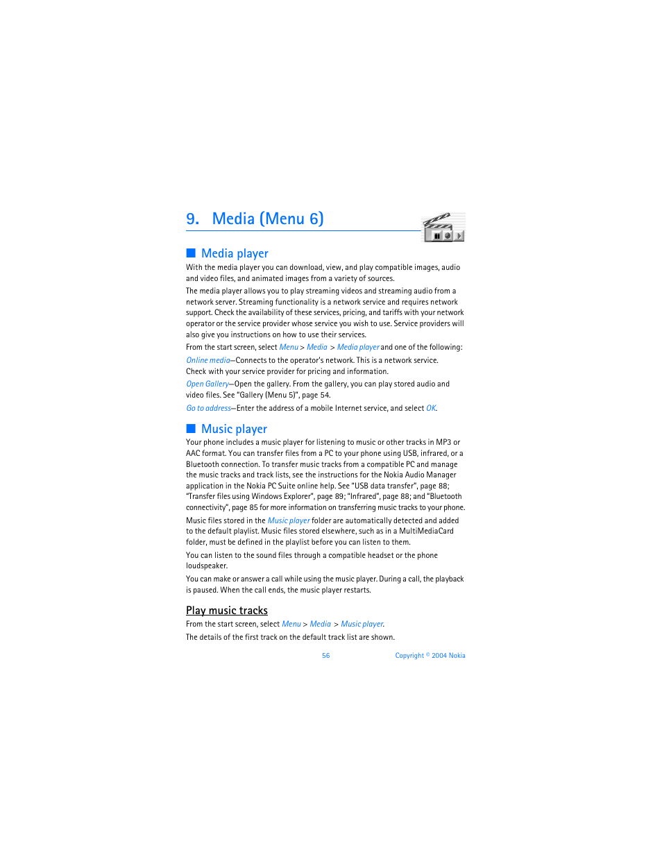 Media (menu 6), Media player, Music player | Play music tracks | Nokia 6255i User Manual | Page 57 / 233