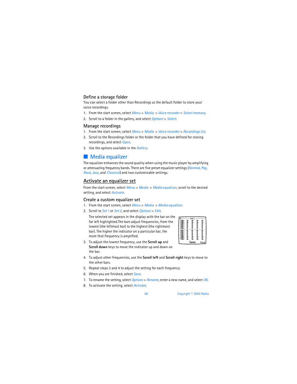 Media equalizer, Activate an equalizer set | Nokia 6255i User Manual | Page 61 / 233